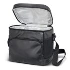 A black insulated cooler bag with an open lid revealing a silver, reflective interior. The bag features a front pocket, side mesh pocket, and an adjustable shoulder strap, designed for carrying food and drinks while maintaining their temperature.