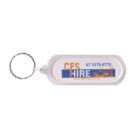 A clear plastic keychain with a metal ring, displaying the text CFS Hire in orange and blue. It includes a phone number 07 3279 6770 and a website www.cfshire.com.au, along with graphics of construction equipment.