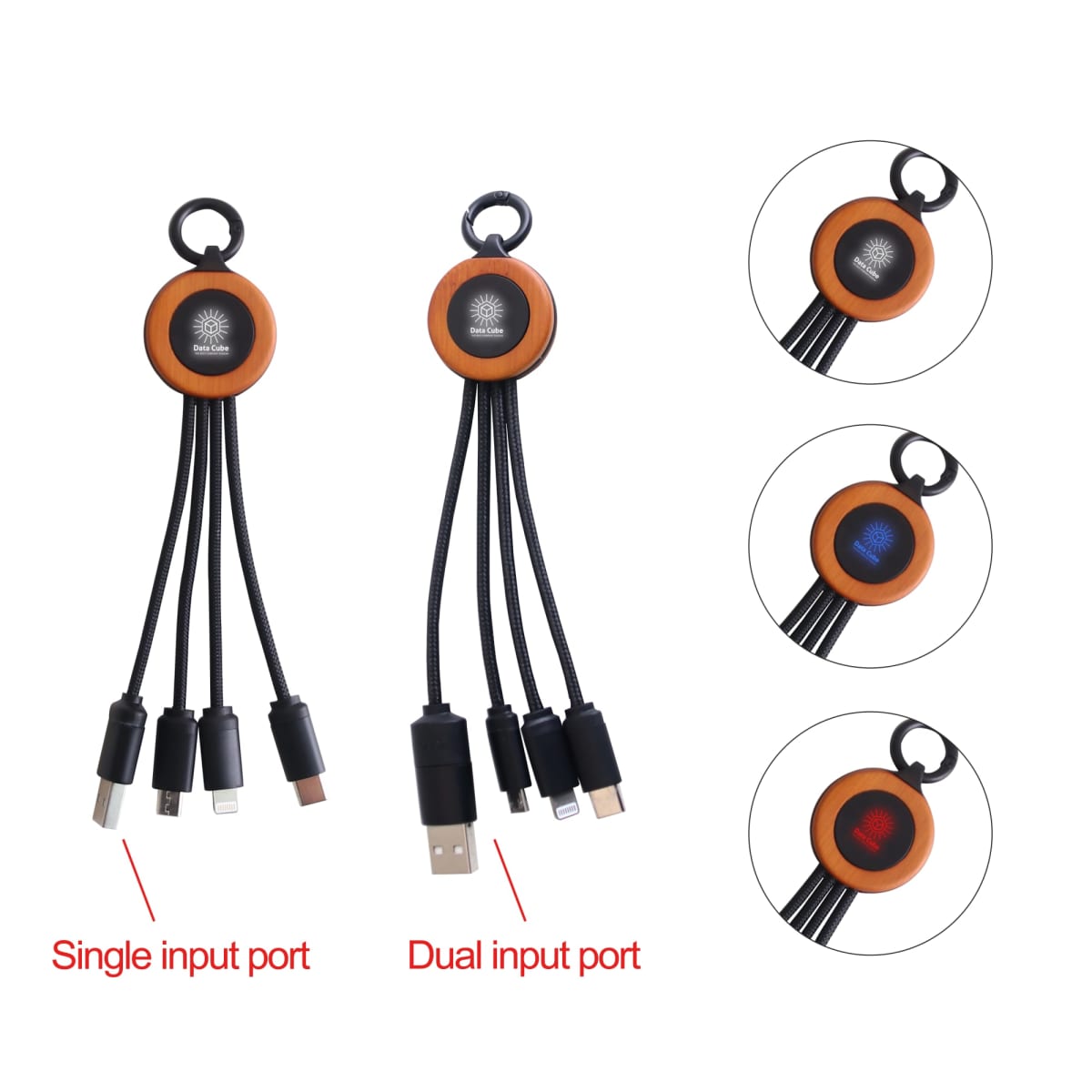 Two multi-port charging cables are shown. Each has a round base with branding and multiple connectors: USB-C, micro USB, and Lightning. The first has a single USB input; the second has dual inputs. Insets highlight different LED colors on the base.