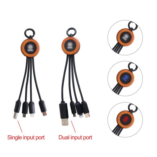 Two sets of multipurpose charging cables with a round base, each having multiple connectors. The left shows a single input port; the right, a dual input port. Insets highlight the base in different colors: black, red, and blue.