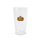 Clear glass with a beer label and two beer mugs icon on the front.
