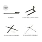 Image showing four different flag bases. Top left: Spike Base. Top right: Alternate Base with a U-shaped tire slot. Bottom left: Heavy Cross Base with nails. Bottom right: Cross Base with four adjustable legs.
