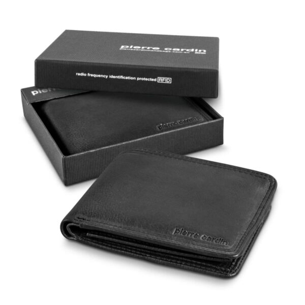A black leather Pierre Cardin wallet is displayed partially out of an open, black branded box. Another closed box is placed behind it, labeled with radio frequency identification protected (RFID).
