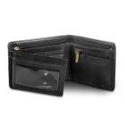 Open black leather wallet with multiple compartments, card slots, and a transparent ID window. A brass zipper accents a coin pocket. The wallet is placed against a plain white background.