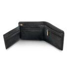 Open black leather wallet with multiple card slots, a zippered compartment, and a bill section. Gold-tone zipper pull on the right. Set against a plain white background.