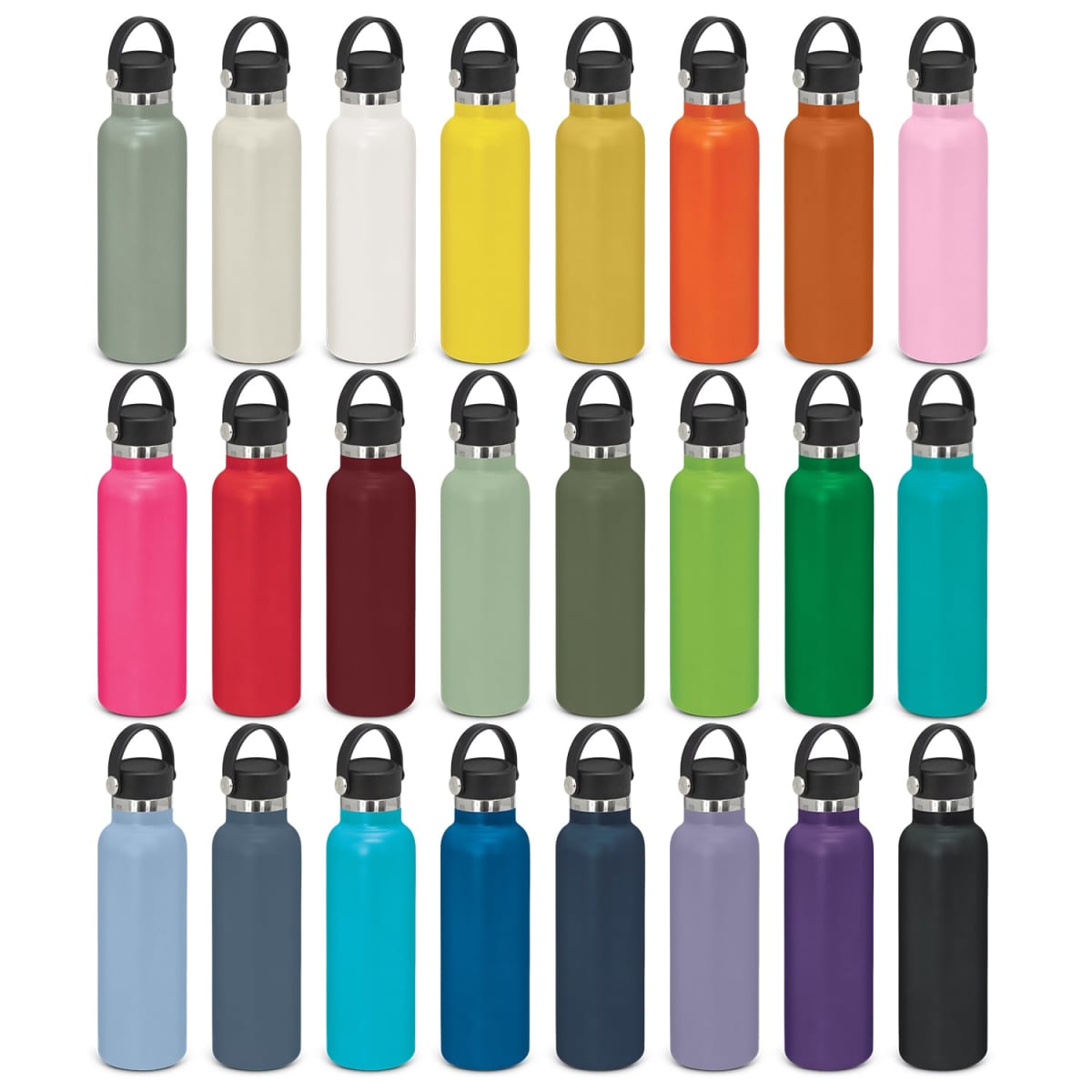 Twenty-four reusable water bottles in various solid colors, arranged in four rows.