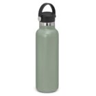 A green stainless steel water bottle with a black lid and carrying handle.