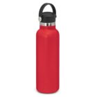 Red stainless steel water bottle with black lid and handle, standing upright.