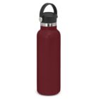 A maroon water bottle with a black lid and carrying handle.