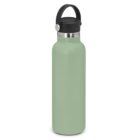 A light green reusable water bottle with a black lid and carrying handle.