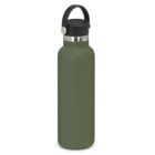 Green reusable water bottle with a black screw cap and carrying handle.