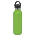 Green reusable water bottle with a black lid and carrying handle.