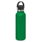 Green stainless steel water bottle with a black lid and carrying handle, on a white background.