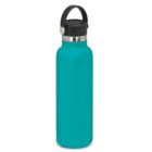 A teal water bottle with a black lid and handle, standing upright on a white background.