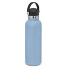Light blue stainless steel water bottle with a black cap and handle, on a white background.