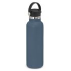 A blue reusable water bottle with a black lid and handle, isolated on a white background.