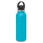 A turquoise water bottle with a black lid and carrying handle.