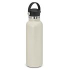 White reusable water bottle with a black lid and carrying handle, standing upright.