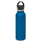Blue stainless steel water bottle with a black cap and carrying handle.