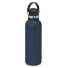 Navy blue stainless steel water bottle with black cap and carrying handle.