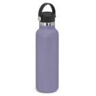 A purple water bottle with a black lid and handle, standing upright on a white background.