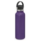 Purple reusable water bottle with a black cap and carrying handle, standing upright.