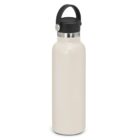 Beige stainless steel water bottle with black lid and carrying handle.