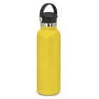 Yellow water bottle with a black lid and handle, standing upright on a white background.