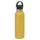 Yellow insulated water bottle with a black lid and handle, standing upright.