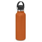 Orange reusable water bottle with a black lid and carrying handle.
