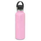 A pink reusable water bottle with a black lid and handle.