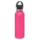 Bright pink water bottle with a black screw-on lid and a handle.
