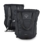 Two black Osprey backpacks are displayed. One backpack shows the front, featuring the Osprey logo and Daylite text. The other shows the back with adjustable shoulder straps and a sternum strap. Both have a sleek, minimalist design.