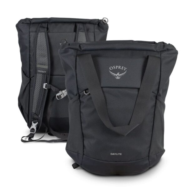Two black Osprey backpacks are displayed. One backpack shows the front, featuring the Osprey logo and Daylite text. The other shows the back with adjustable shoulder straps and a sternum strap. Both have a sleek, minimalist design.