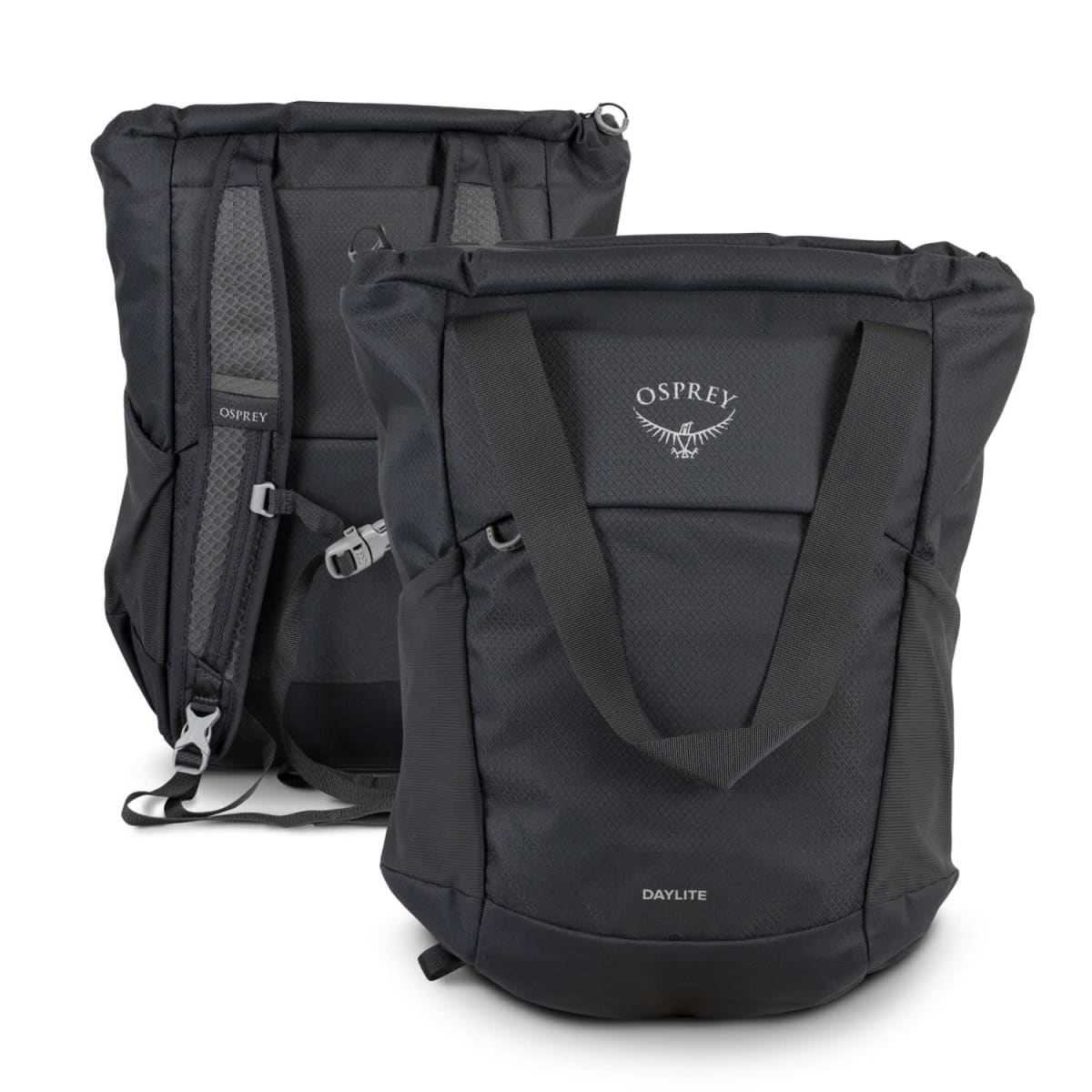 Two black Osprey Daylite backpacks are shown. One is displayed from the front, showcasing its logo and sturdy fabric, while the other is angled to reveal its adjustable shoulder straps and buckles.