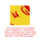 Close-up of yellow jacquard fabric with red designs, including a gift box and other shapes. Below is a message about the nature of jacquard weave customization affecting visibility of small details and fonts on the finished product.