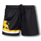 Black shorts featuring a yellow bull design on the left leg, with yellow and white stripes below. They have an elastic waistband with a drawstring.