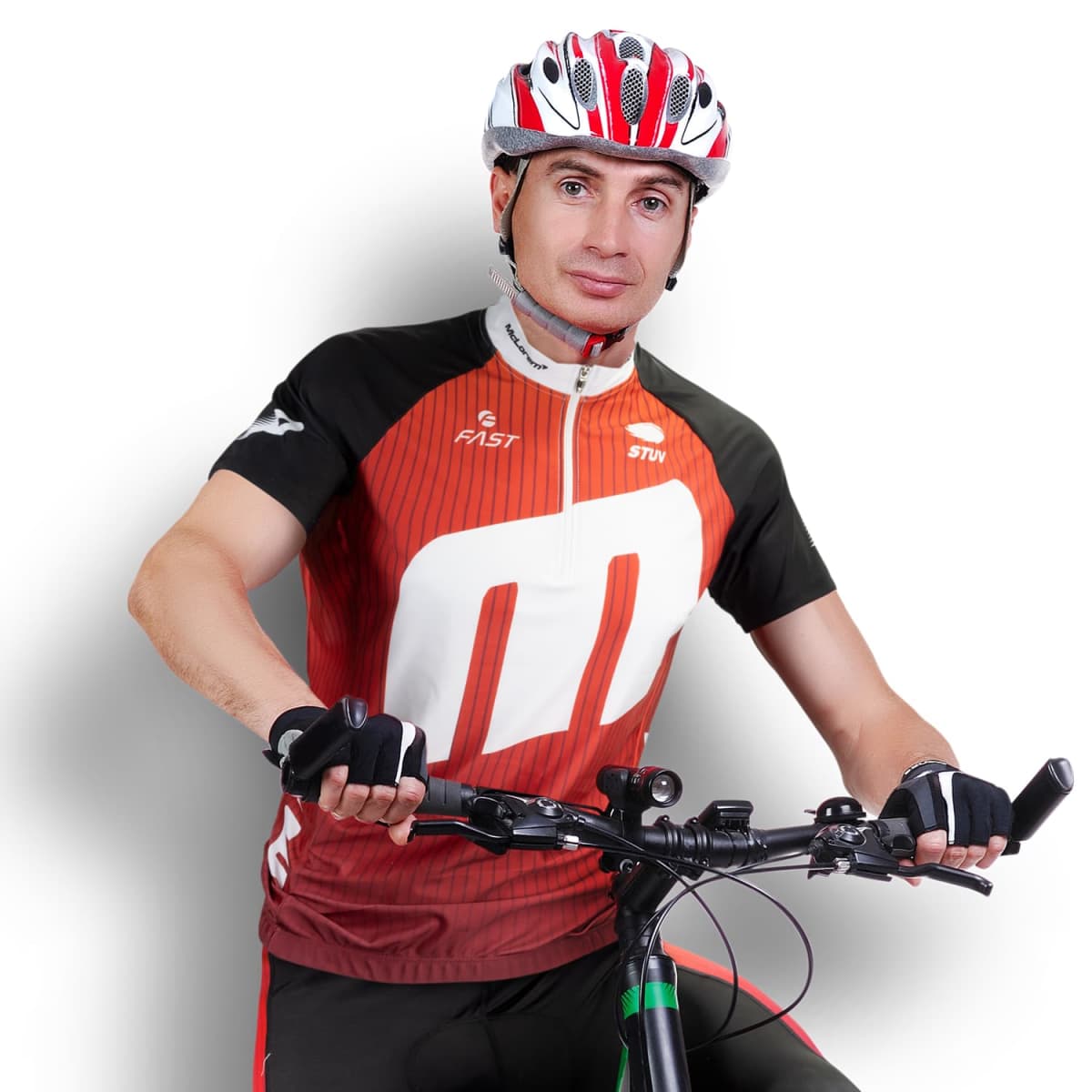 A person wearing a red and black cycling jersey and a red and white helmet is holding the handlebars of a bicycle, posing against a plain white background. They are also wearing fingerless cycling gloves.