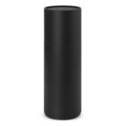 A tall, black, cylindrical cardboard container with a fitted lid.