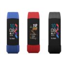 Three fitness trackers with colored bands: blue, red, and black. Each display shows time, date, step count, and temperature. The red bands screen adds distance and calories.