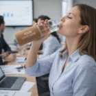 Woman using Glass Bottles With Cork Sleeve in an office meeting.