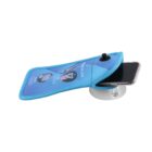 A blue, triangular phone holder with an illustrated guide on its surface is shown. It features a flexible pocket holding a smartphone and is attached to a white suction base.