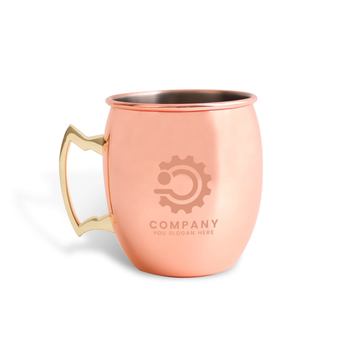 Copper mug with a brass handle, featuring a logo and the text COMPANY YOUR SLOGAN HERE engraved on the side. The mug is set against a white background.