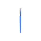 A blue pen with a white clip is centered on a plain white background.