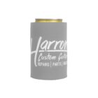 A gray can cooler featuring the text Harrom Custom Guitars Repairs Parts Builds in white. A can, partially visible, is inside the cooler against a plain white background.