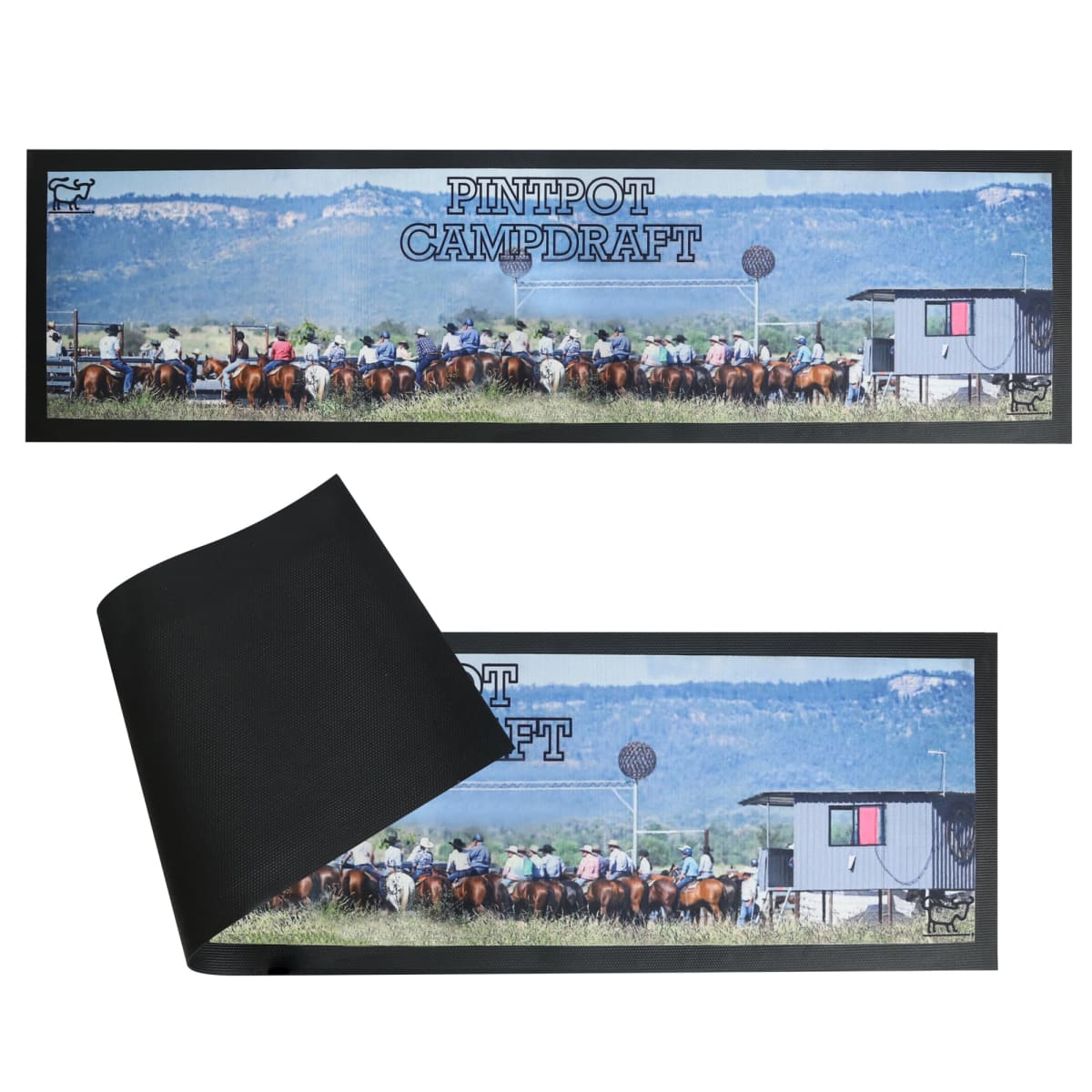 Bar mat with PINTPOT CAMPDRAFT text and image of horses, riders, and a rural backdrop.