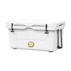 A large, white rectangular cooler with a sturdy lid, two black latches, and a rope handle on the side. The front features a circular logo with gold and white accents.