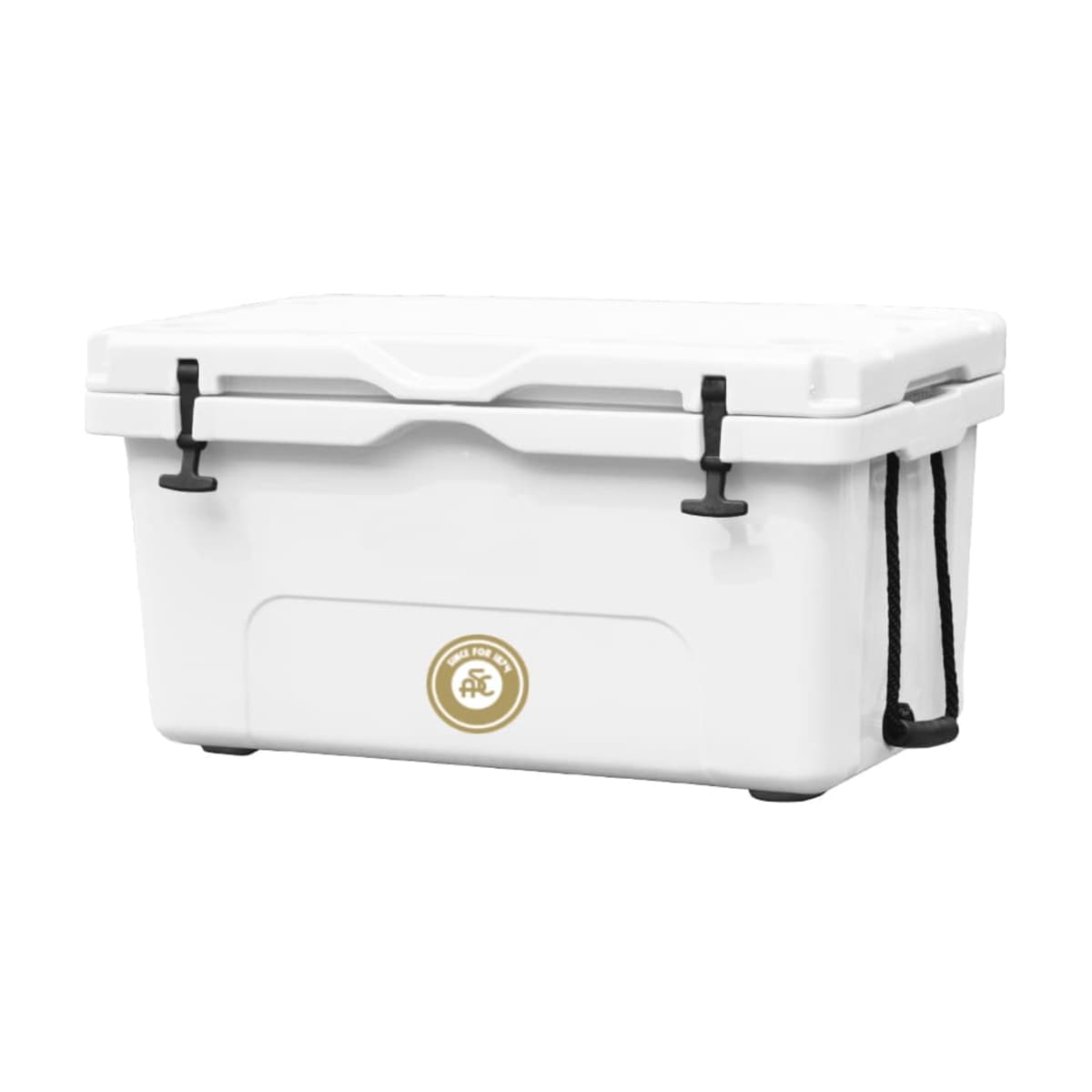 A large, white rectangular cooler with a sturdy lid, two black latches, and a rope handle on the side. The front features a circular logo with gold and white accents.