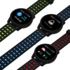 Three smartwatches with black round faces and perforated straps in green, blue, and red. Each screen displays different fitness data: cycling calories, exercise goal chart, and sports steps count.