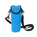 A blue bottle holder with black trim and an adjustable black strap. The holder features two metal clips to attach the strap, and has a flap closure at the top.